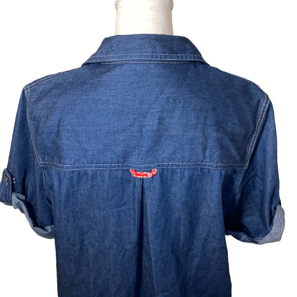 Vintage 80s Denim Patchwork Red White Blue Patriotic 4th of July Blouse, Medium - Picture 4 of 6